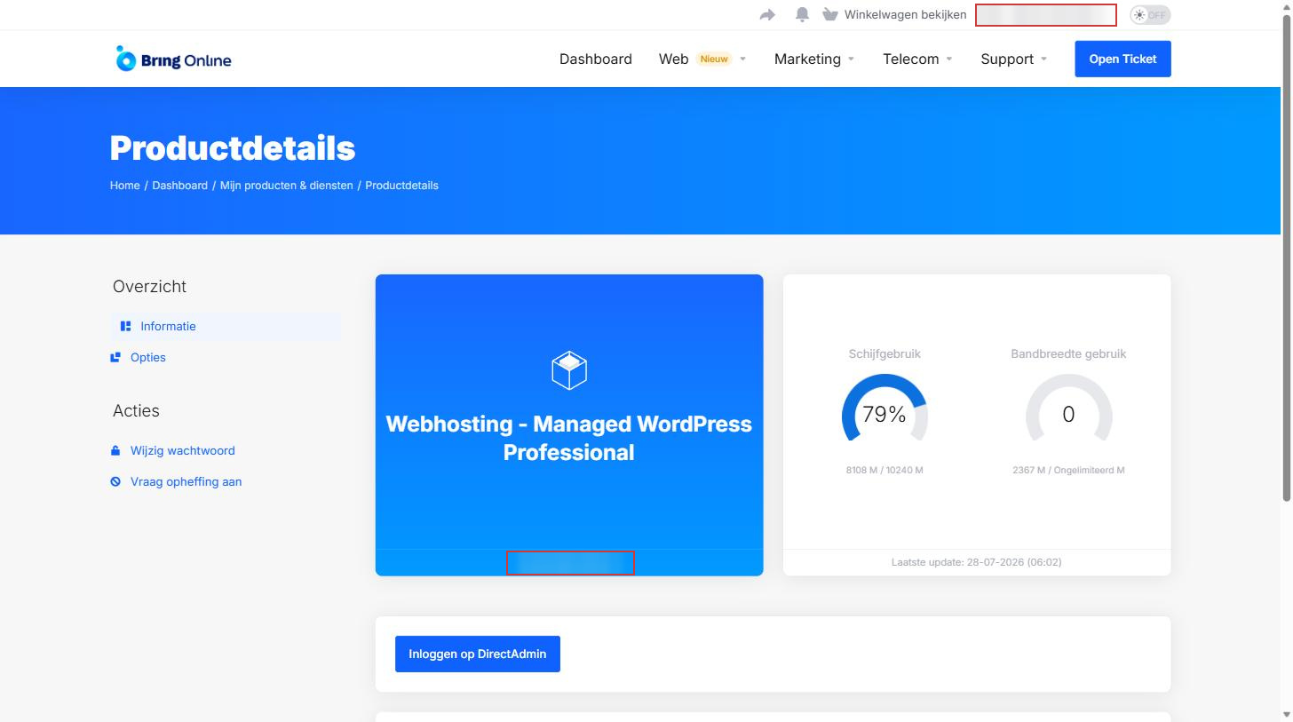 Productdetails van het webhostingpakket met de knop Inloggen op DirectAdmin