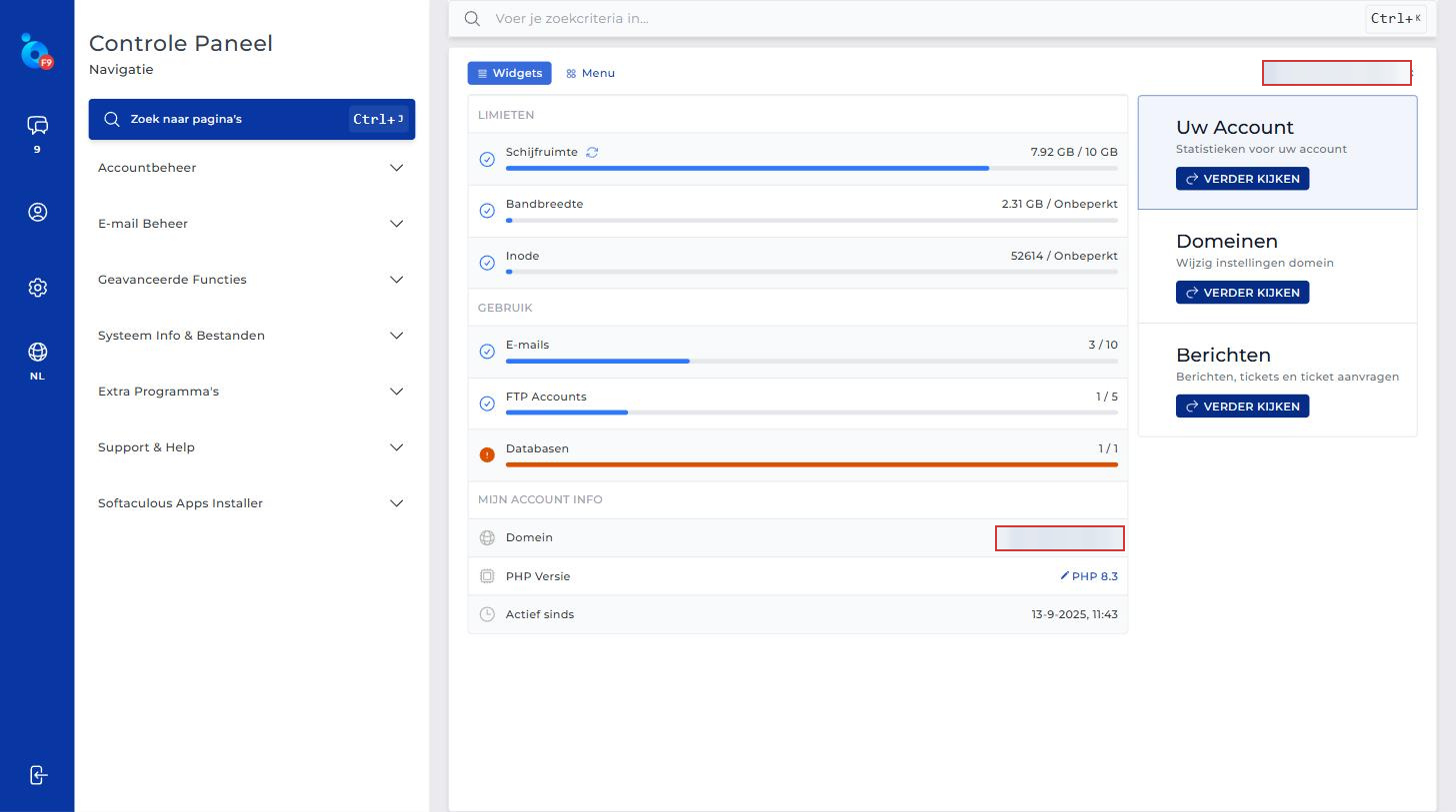 Dashboard van DirectAdmin met het navigatiemenu aan de linkerkant