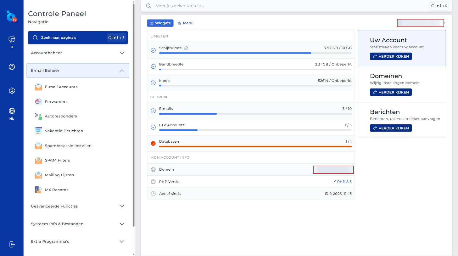 Het uitgeklapte menu E-mail Beheer in DirectAdmin