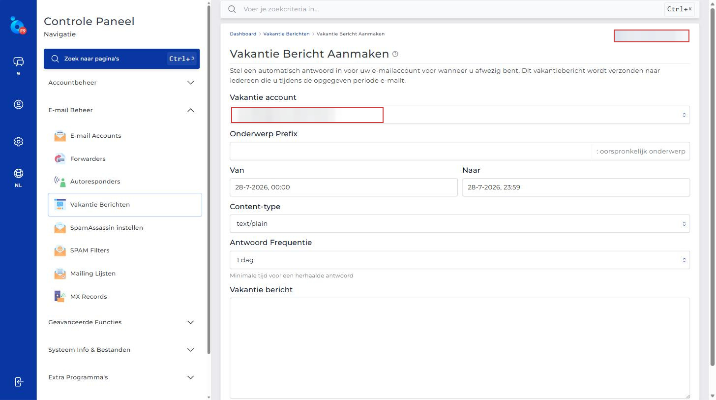 Leeg formulier Vakantie Bericht Aanmaken in DirectAdmin