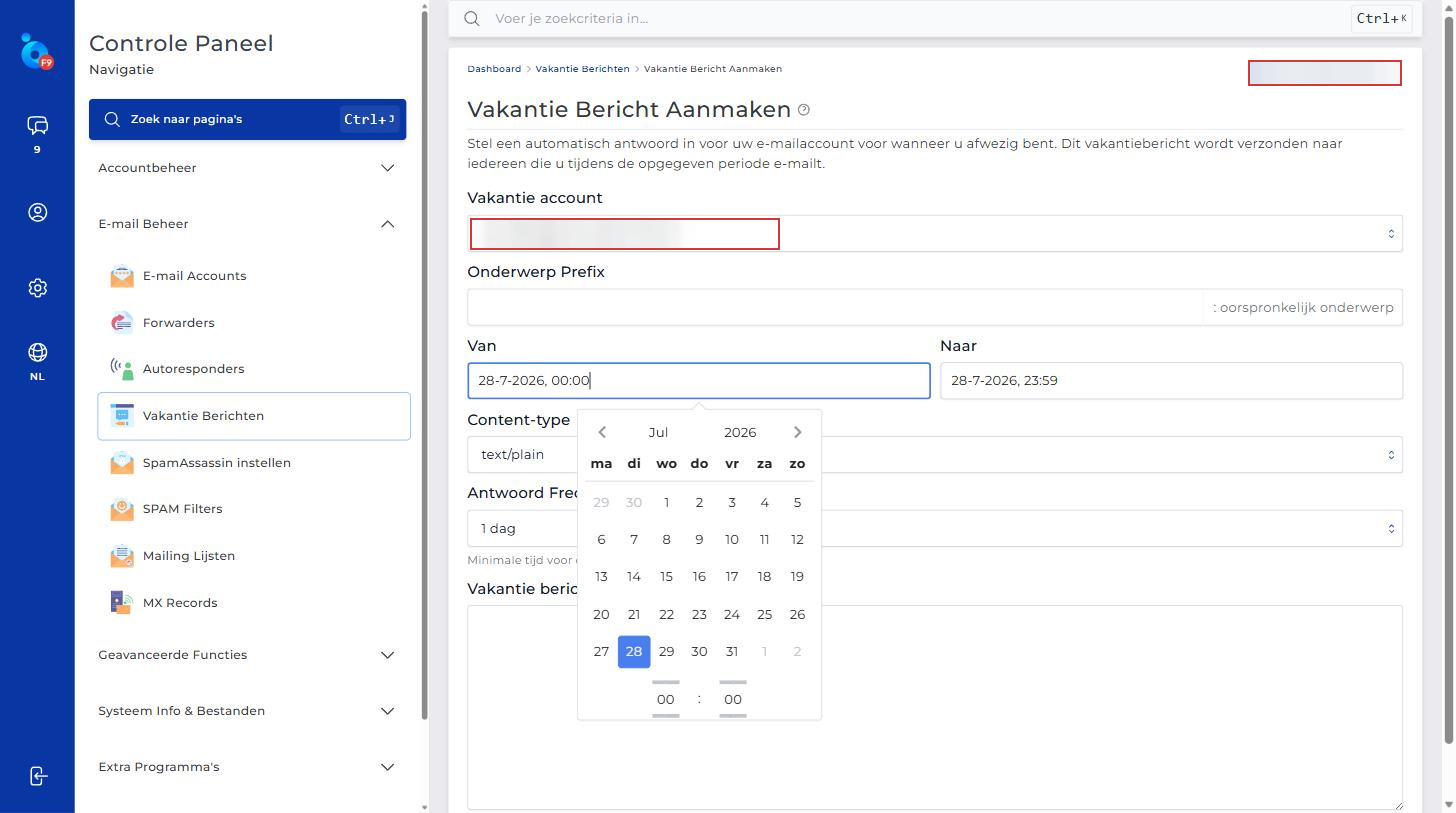 De kalender voor het instellen van de begindatum van het vakantiebericht
