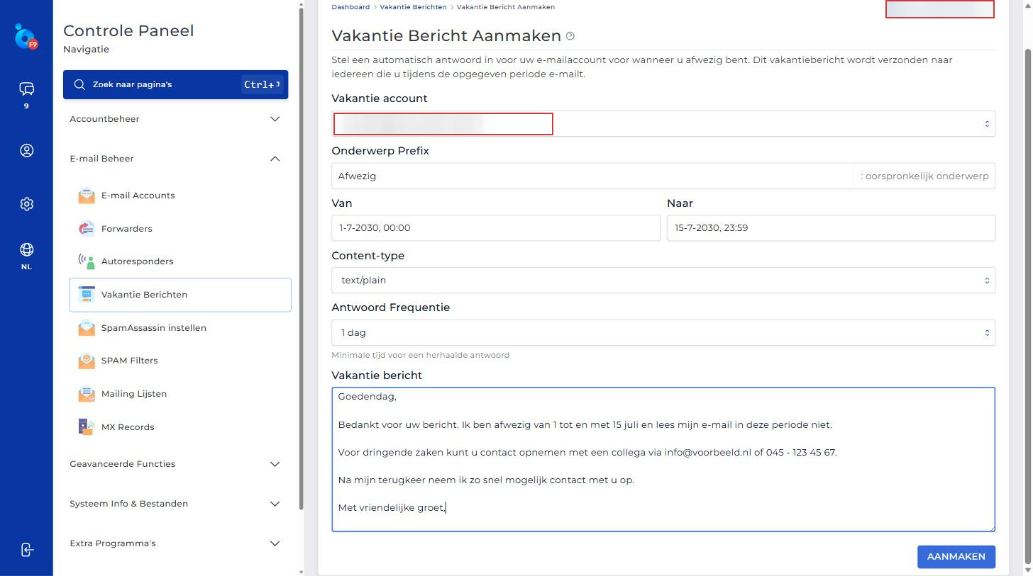 Volledig ingevuld formulier voor een vakantiebericht in DirectAdmin