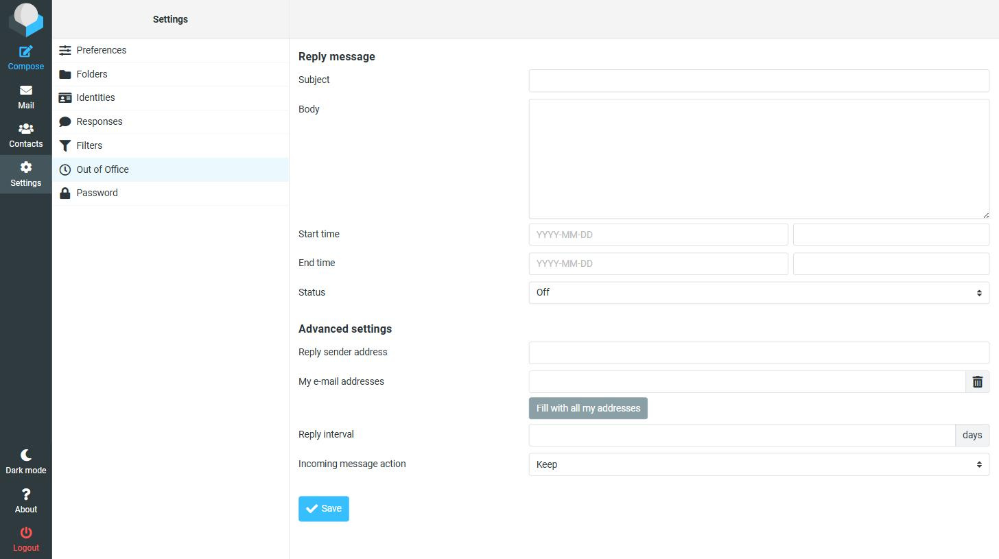 Het lege Out of Office-formulier in webmail