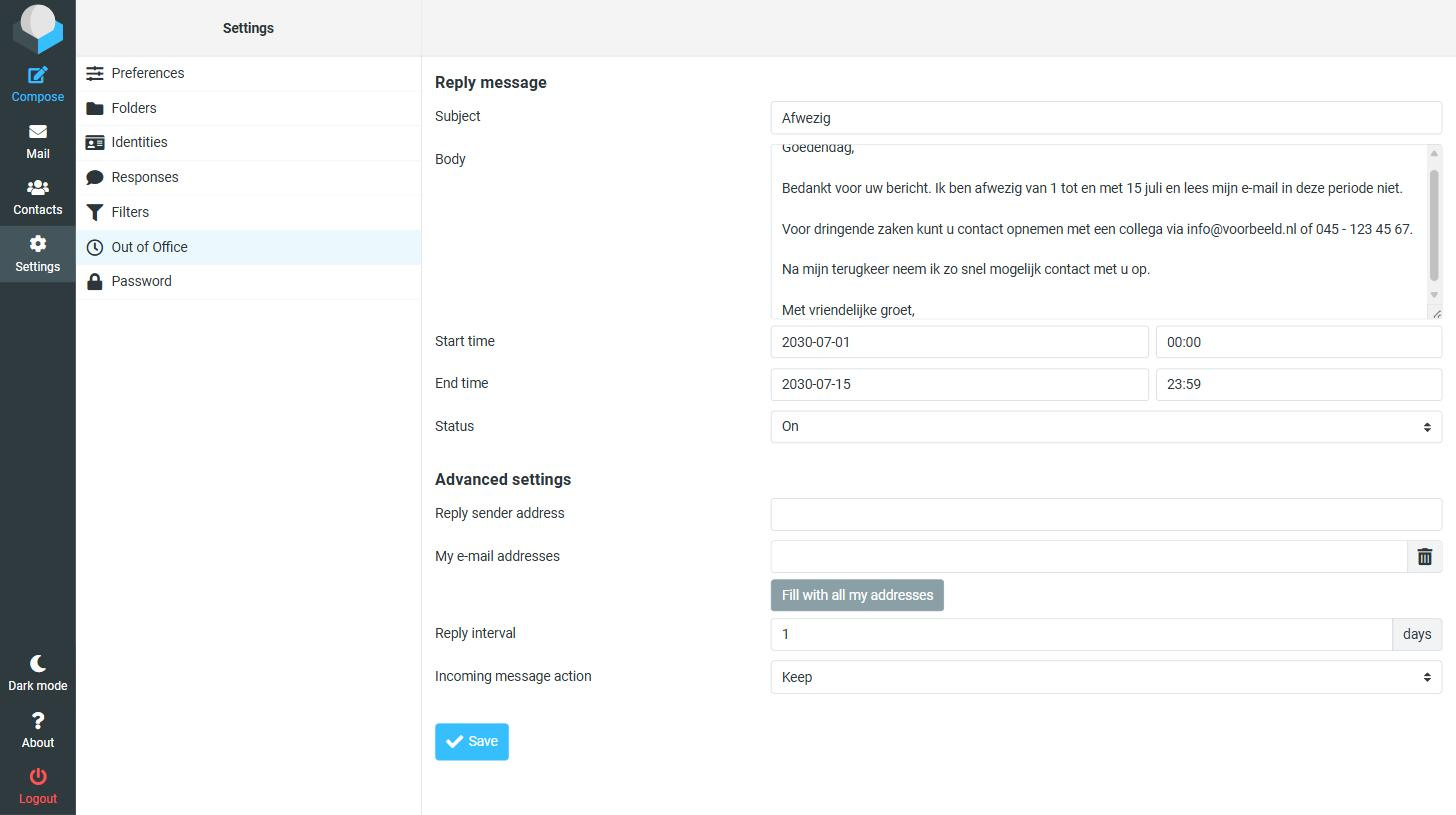 Het ingevulde Out of Office-formulier in webmail met periode, tekst en status On