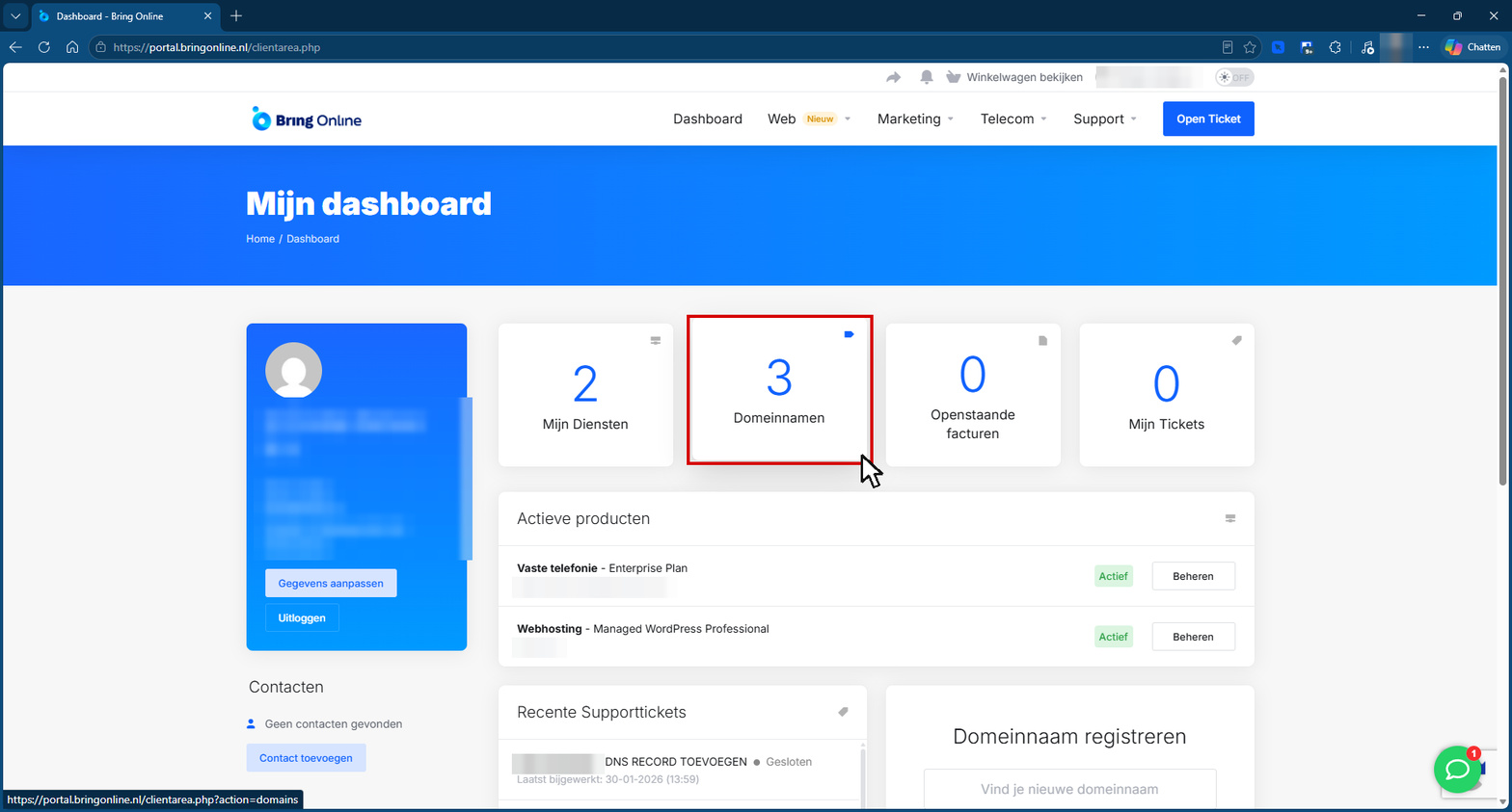 Het dashboard van de portal met de tegel Domeinnamen