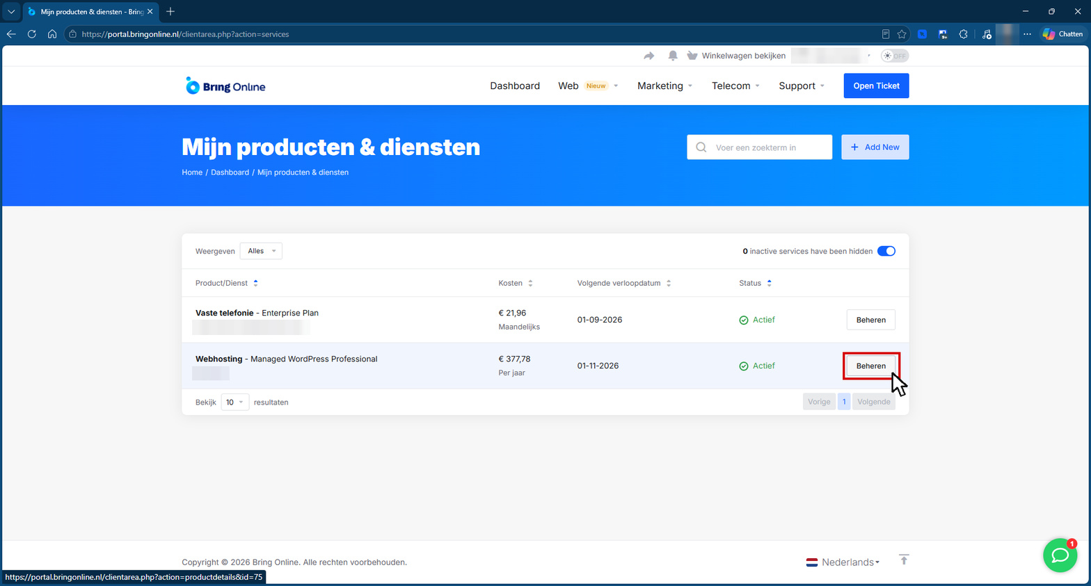 De lijst met producten en diensten met de regel Webhosting