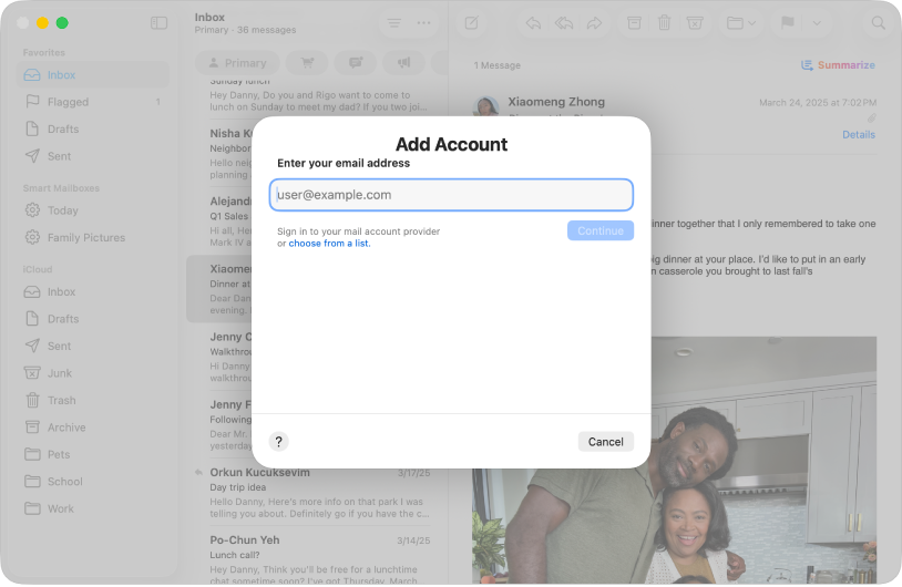 Apple Mail op Mac met het venster om een e-mailaccount toe te voegen.