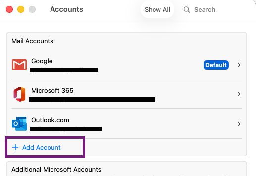Outlook voor Mac met Account toevoegen in de accountinstellingen.