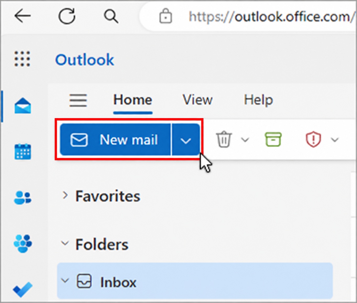 Outlook op het web met de knop Nieuwe e-mail gemarkeerd.