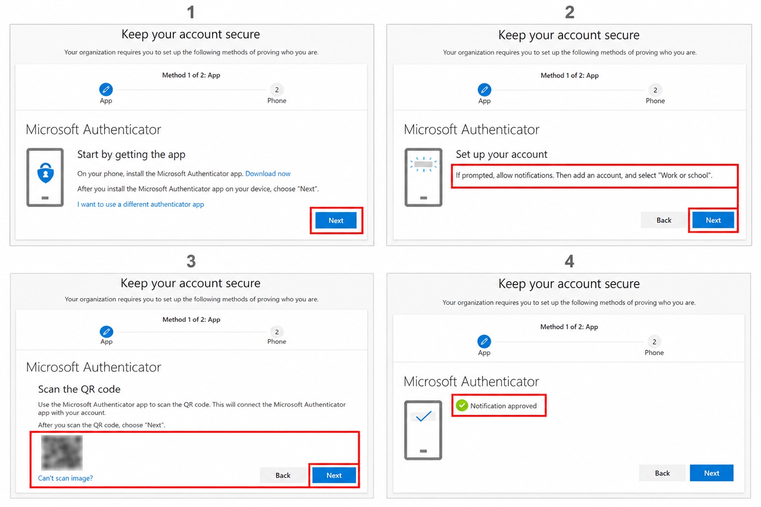 Vier stappen om Microsoft Authenticator te koppelen; QR-code onleesbaar gemaakt.