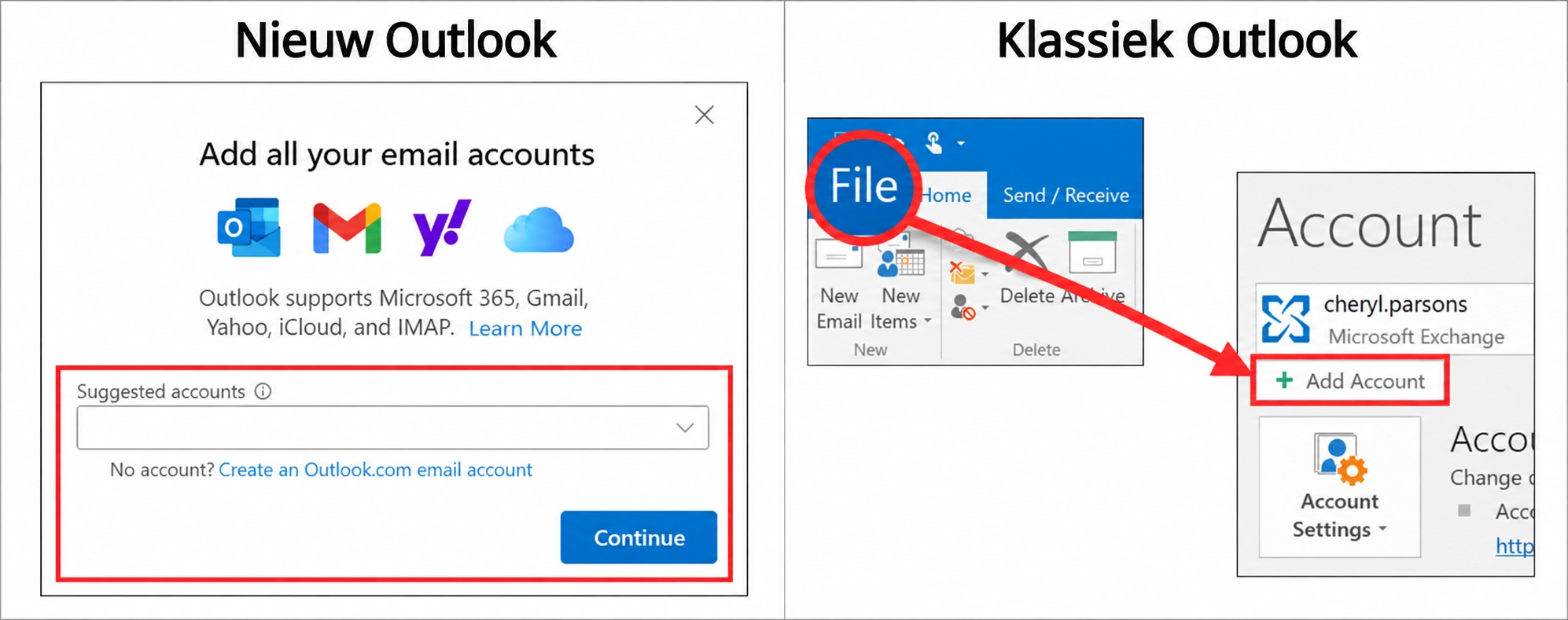 Account toevoegen in Nieuw Outlook en Klassiek Outlook voor Windows.