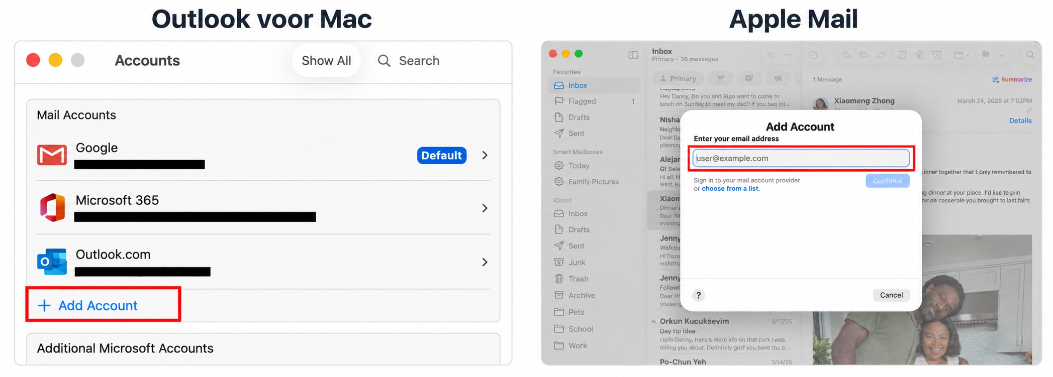 Account toevoegen in Outlook voor Mac en Apple Mail.