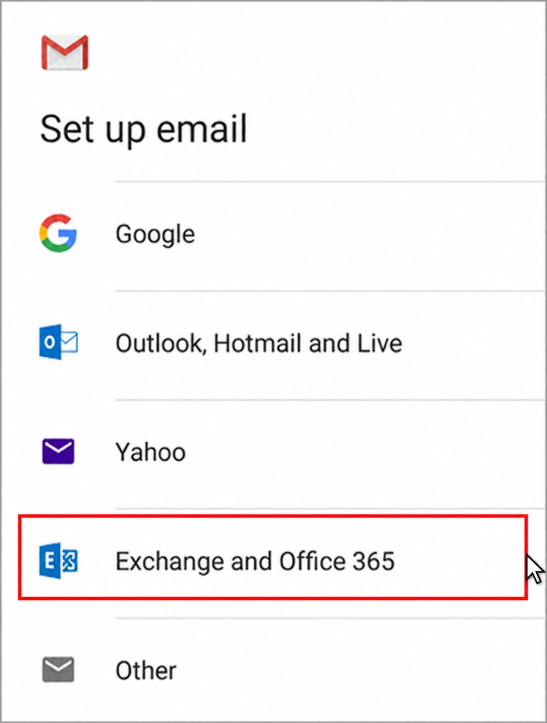 Exchange en Office 365 kiezen in Gmail voor Android.