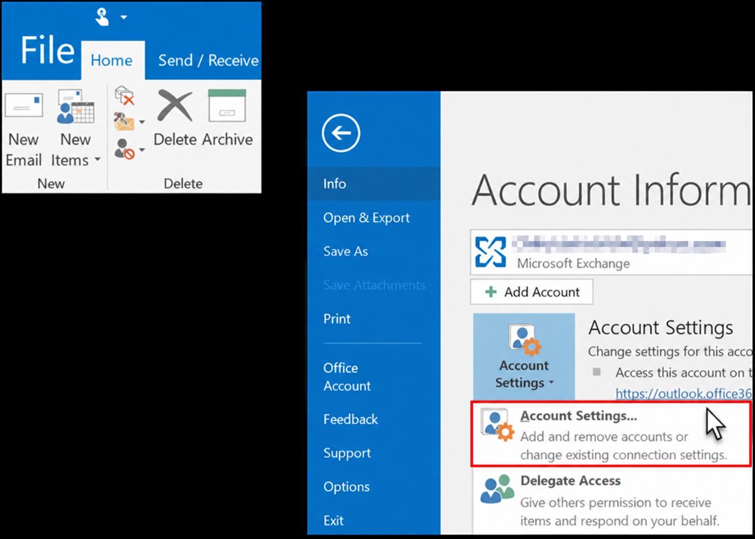 Accountinstellingen openen in Klassiek Outlook voordat het oude IMAP-account wordt verwijderd.