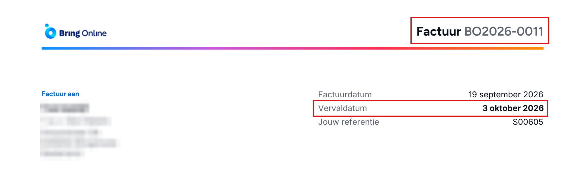 Bovenaan de factuur staan het factuurnummer (BO + jaartal) en de vervaldatum.