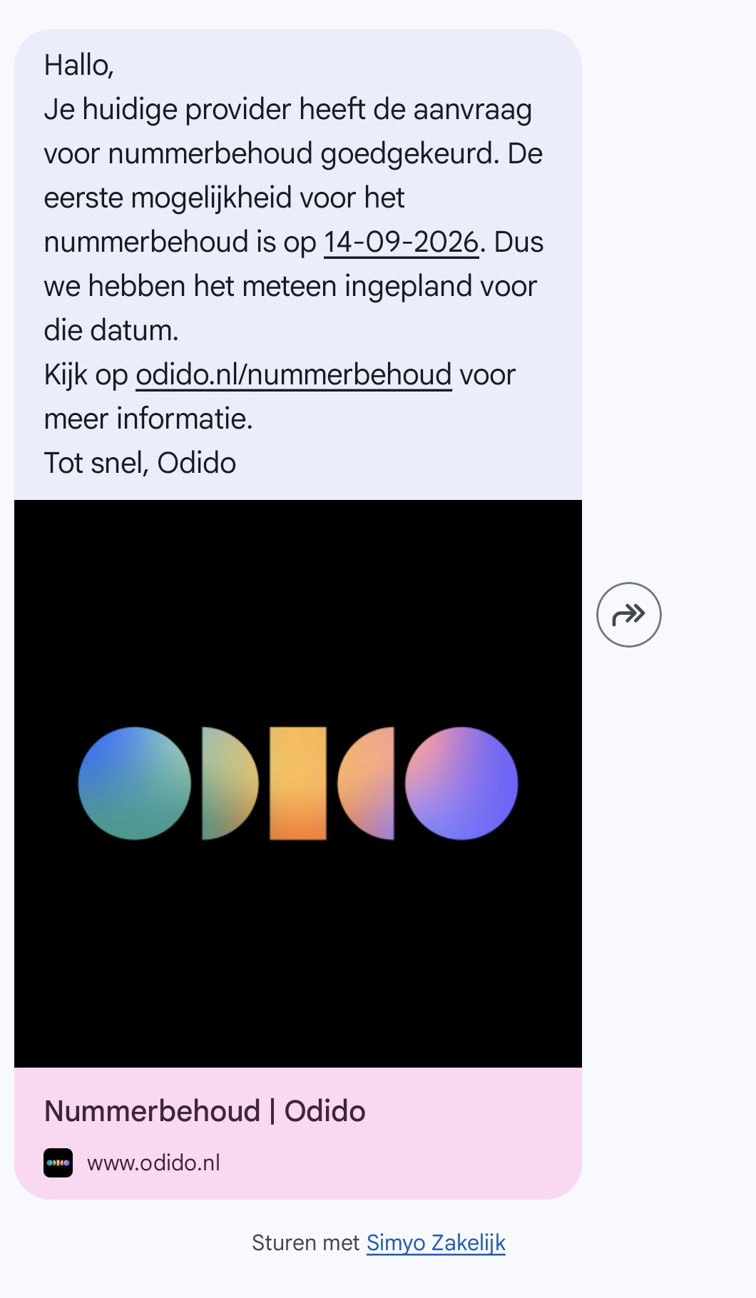 WhatsApp-bericht van Odido: nummerbehoud goedgekeurd en overzetdatum ingepland