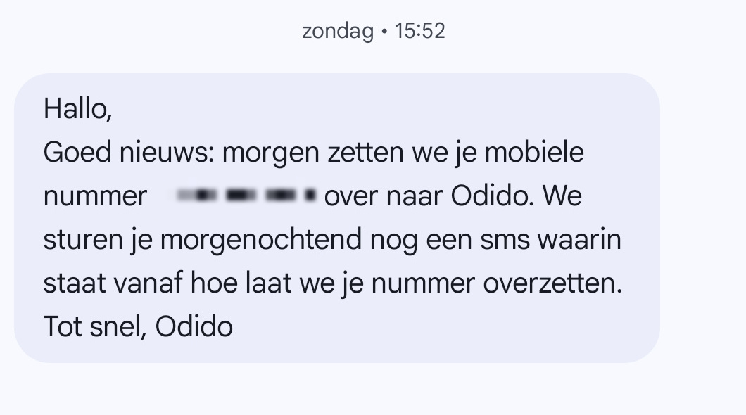 WhatsApp-bericht van Odido: herinnering dat je nummer de volgende dag wordt overgezet