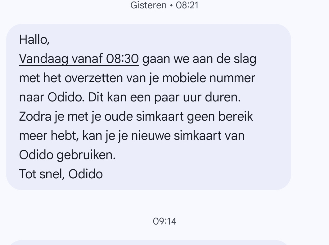 WhatsApp-bericht van Odido: overzetting van je mobiele nummer is gestart