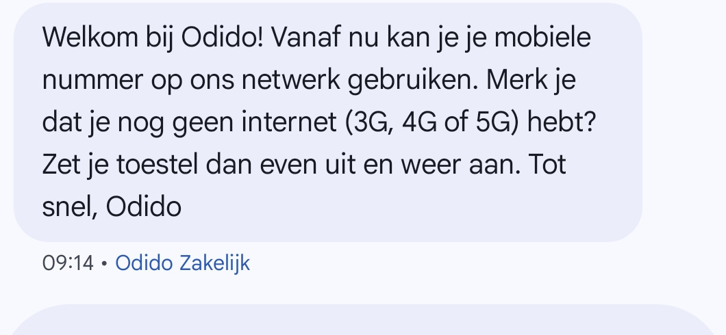 WhatsApp-bericht van Odido: welkomstbericht na succesvolle overzetting van je nummer