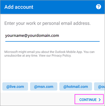 Outlook voor Android met het e-mailadresveld en de knop Doorgaan.