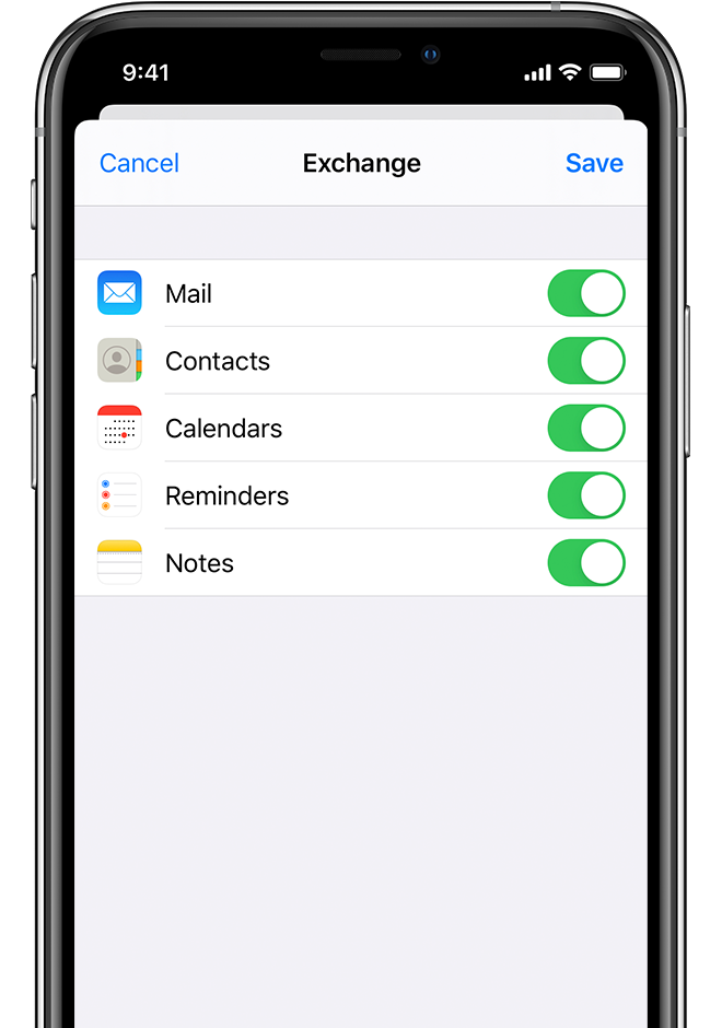 iPhone met de onderdelen die via Microsoft Exchange kunnen synchroniseren en de knop Bewaar.