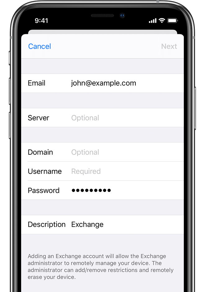 iPhone met de keuze om automatisch aan te melden bij Microsoft Exchange.