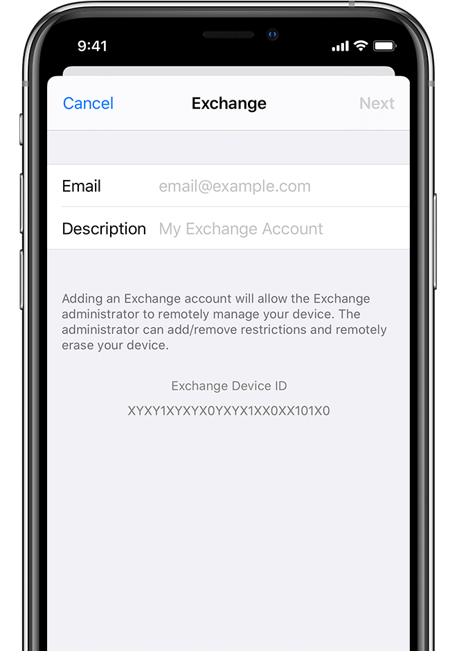 Instellingen op iPhone met de stappen om Microsoft Exchange als account toe te voegen.