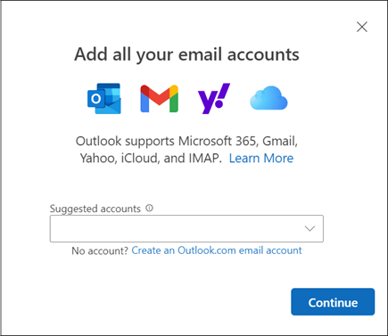 Nieuw Outlook voor Windows met het venster om een e-mailaccount toe te voegen.