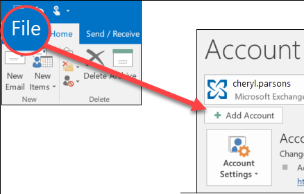 Klassiek Outlook voor Windows met Bestand en Account toevoegen gemarkeerd.